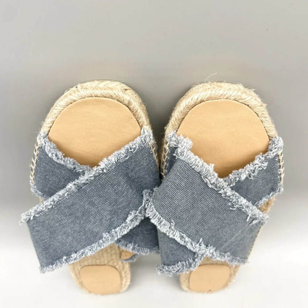 Castaner Womens 41 10 Palmera Espadrille Slide Sandals Blue Canvas Frayed Boho